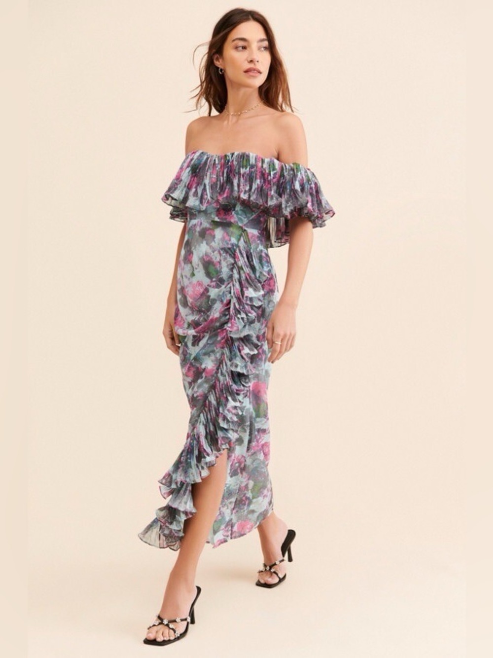 NWT Anthropologie Hutch Off The Shoulder Ruffled Column Midi Dress